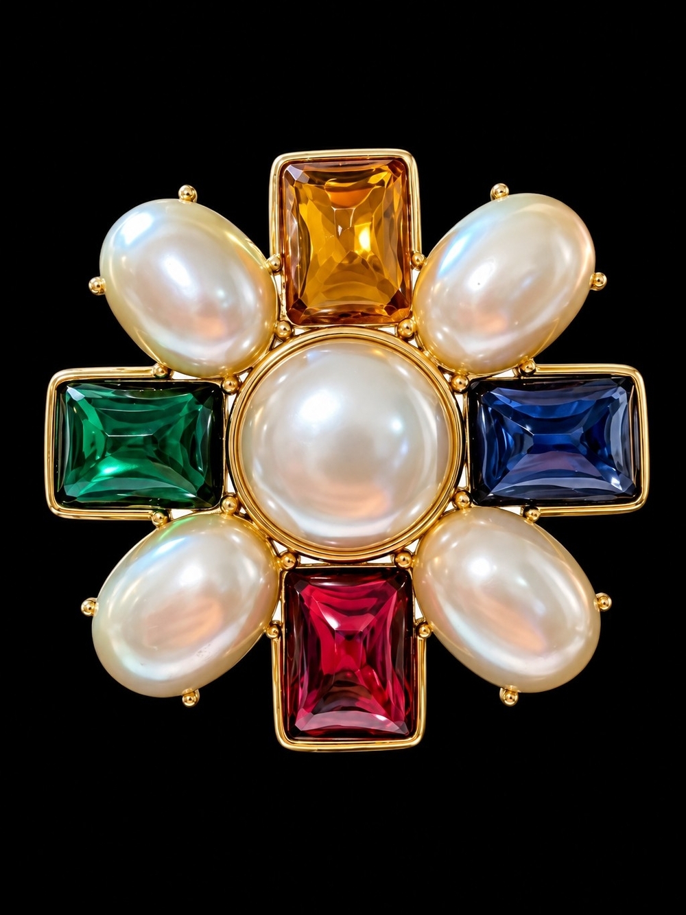 Vintage 1980s MONET Maltese Cross Faux Pearl Multicolor Cabochon Brooch